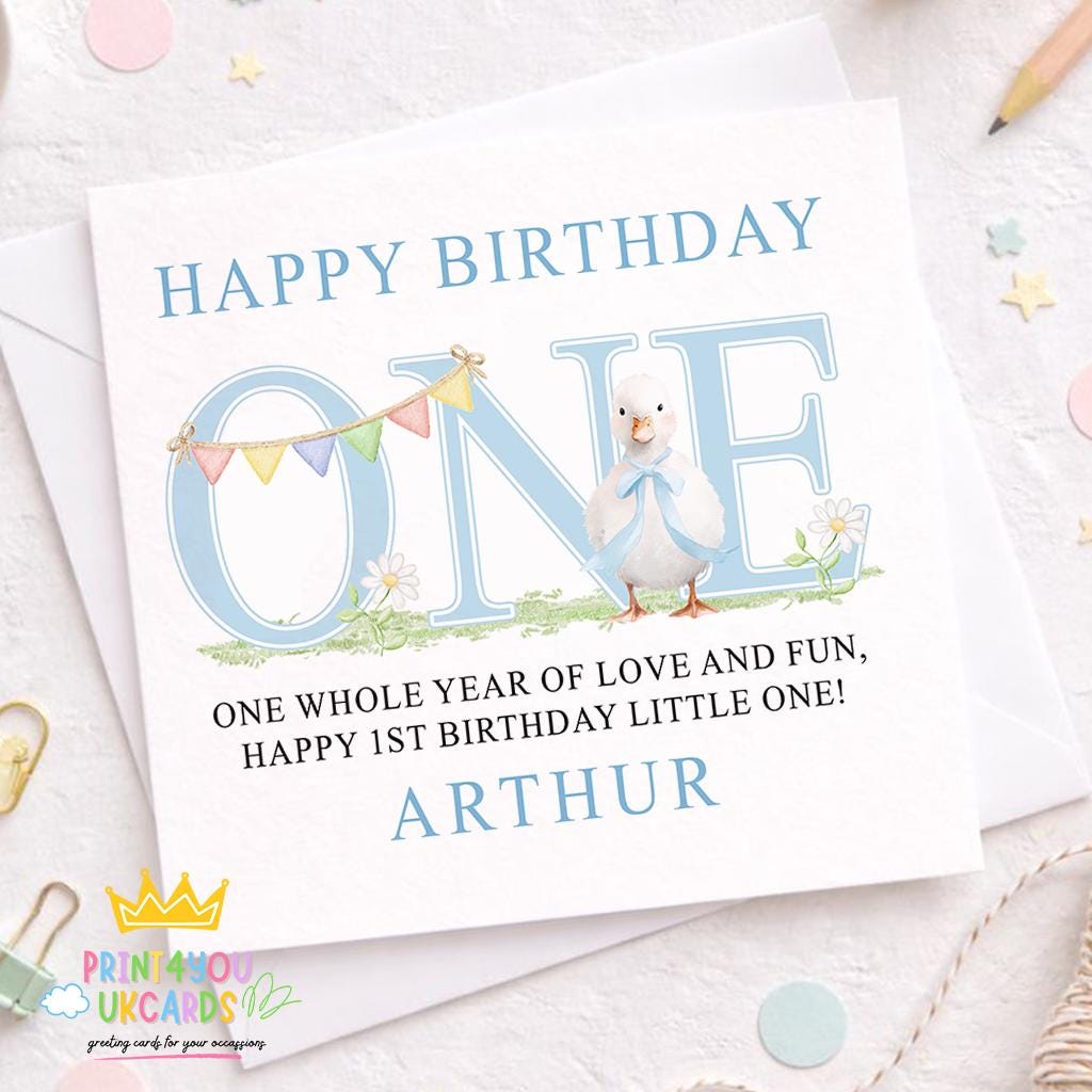 Front view of the personalised blue duck first birthday card printed on 350gsm card stock.