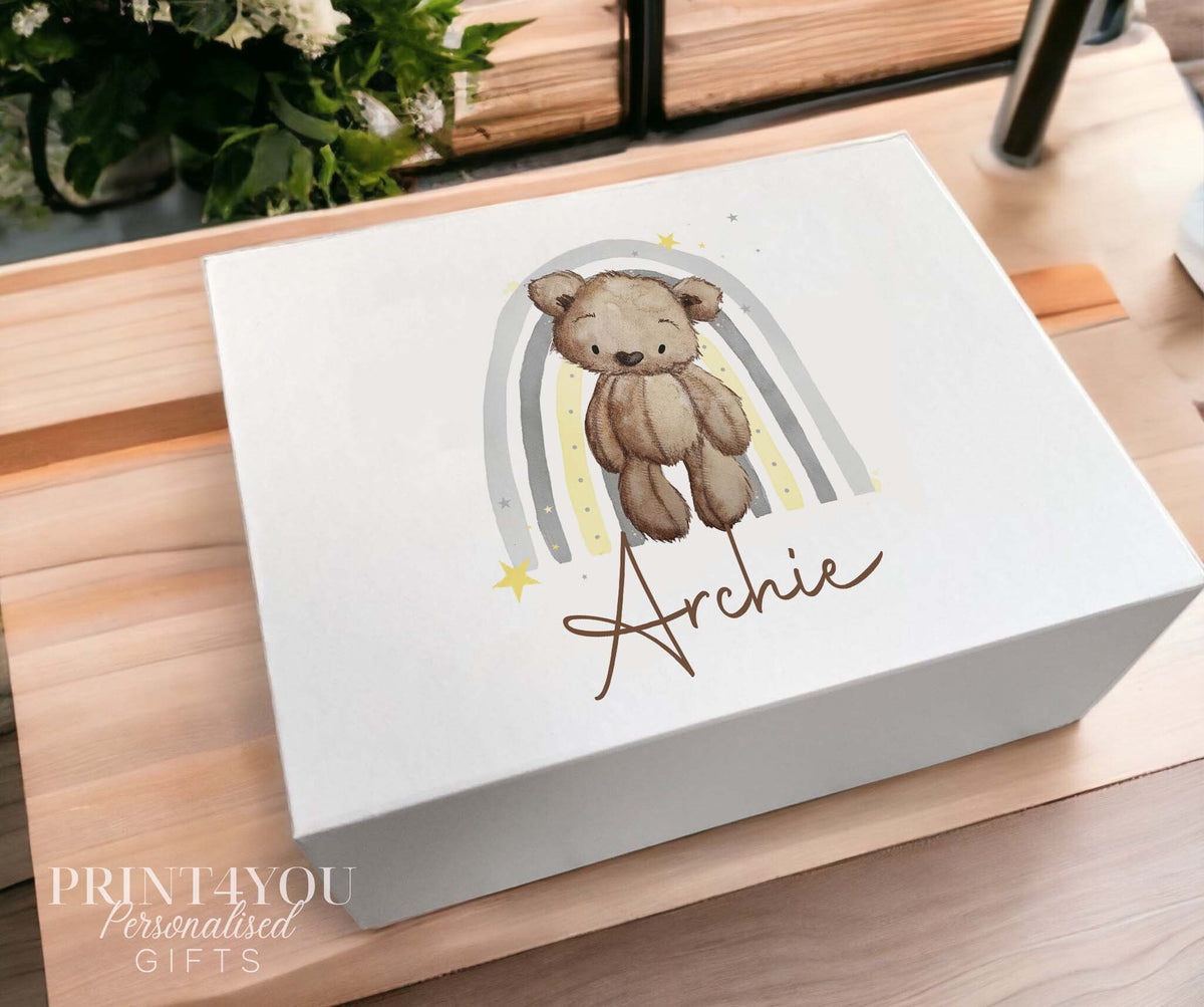 Personalised brown teddy bear magnetic gift box, medium size 16x20x8cm