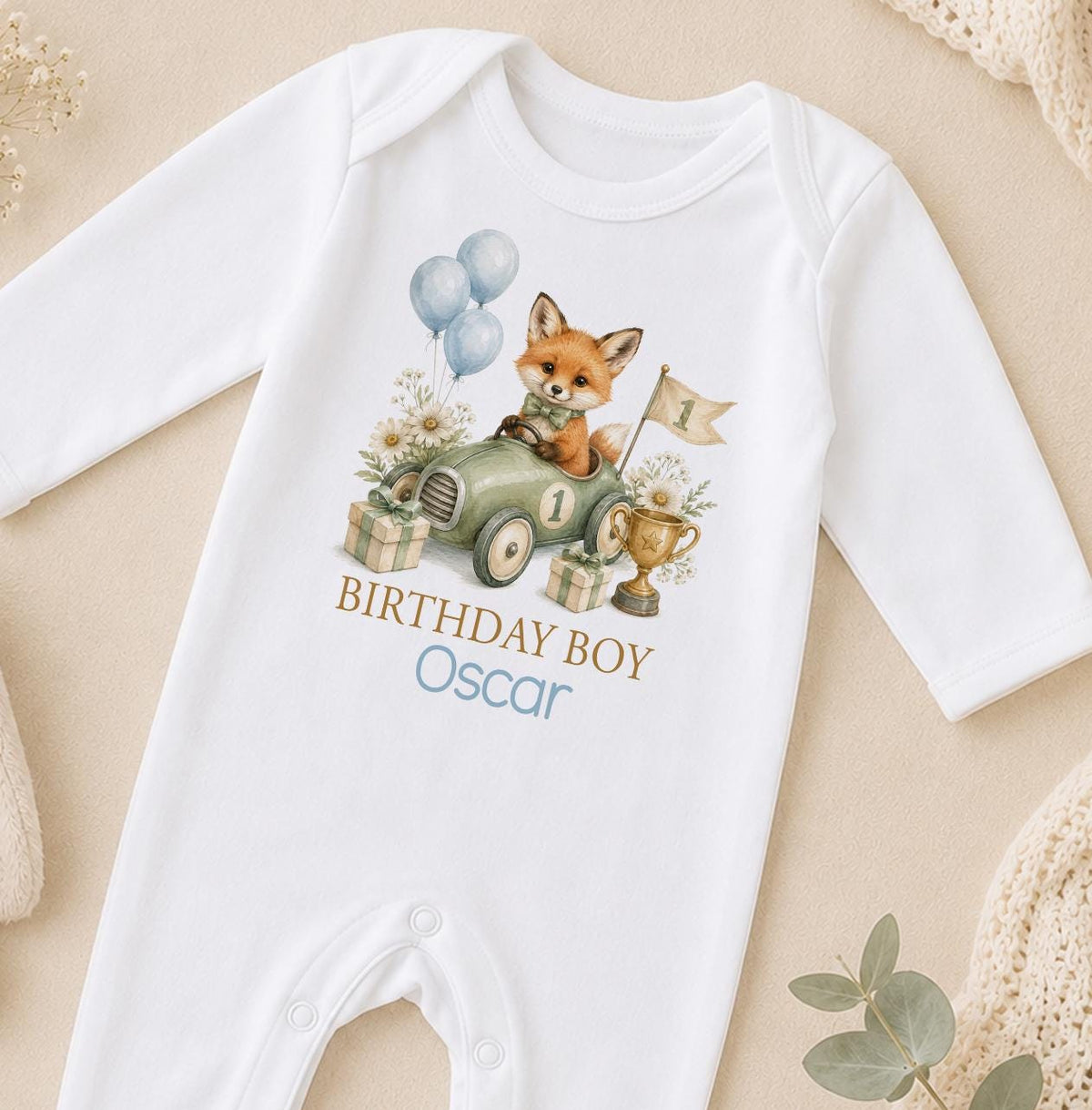 Personalised Fox Race Car 1st Birthday Outfit, Cake Smash