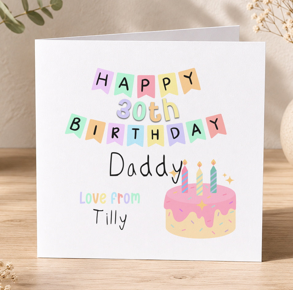 Personalised birthday card featuring a candle-topped cake and pastel bunting, printed with a personalised birthday message