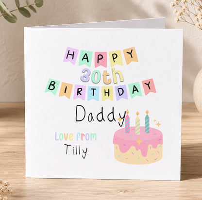 Personalised birthday card featuring a candle-topped cake and pastel bunting, printed with a personalised birthday message