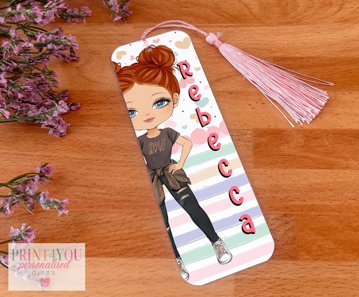 Personalised character bookmark aluminium tag with tassel featuring the Girl 3 illustrated design and custom name