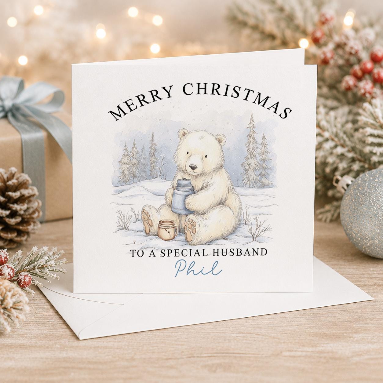 Personalised Christmas card, white 6x6 inch square card printed with a polar bear cub building a snowman with Merry Christmas and a name