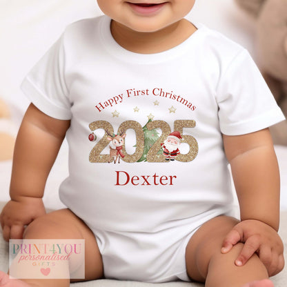 Personalised Santa & Reindeer Christmas Baby Vest – 2025 Glitter Design Gift Set, Custom Name