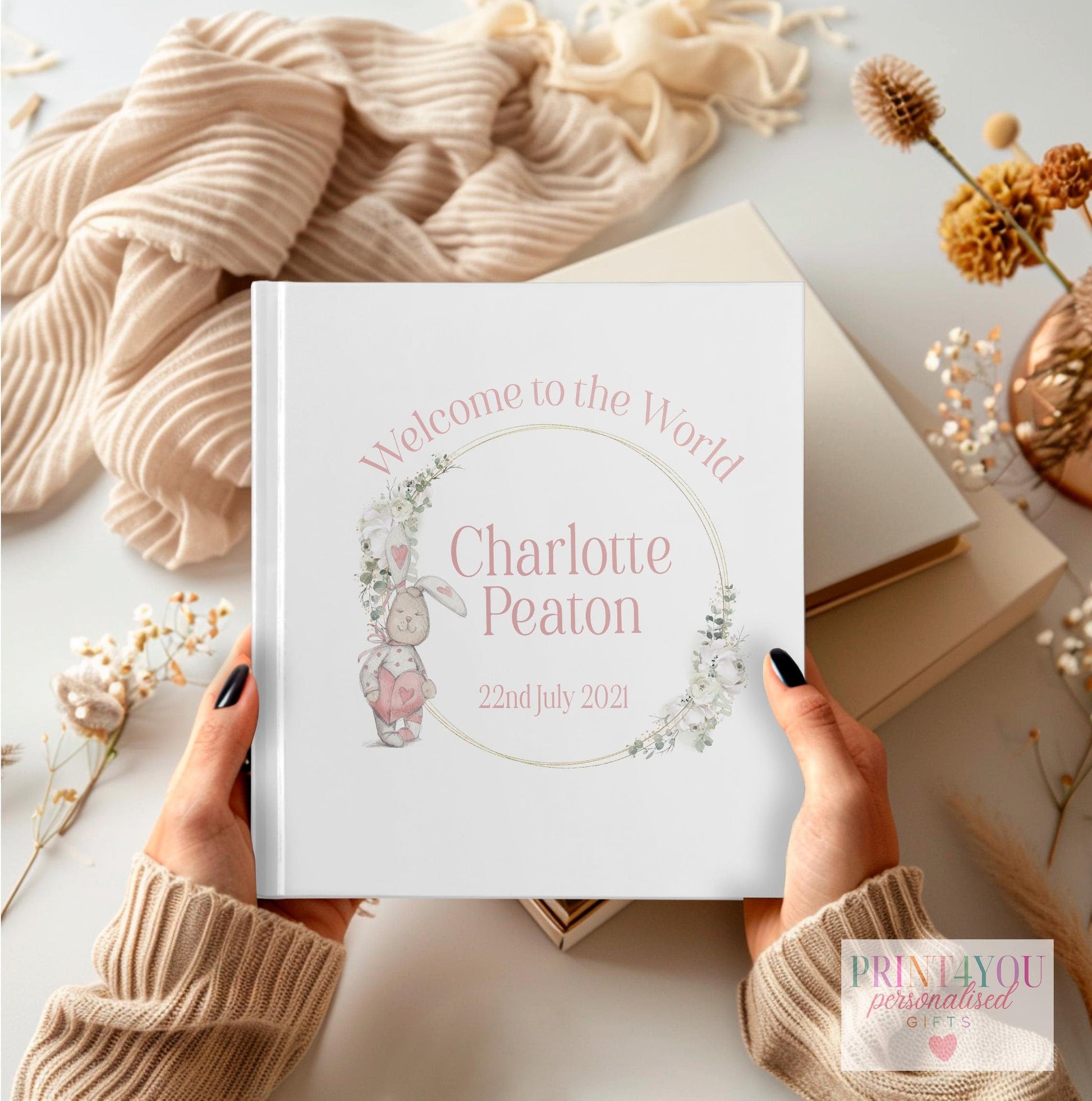 Personalised bunny rabbit baby photo album with premium PU cover, 22x22cm