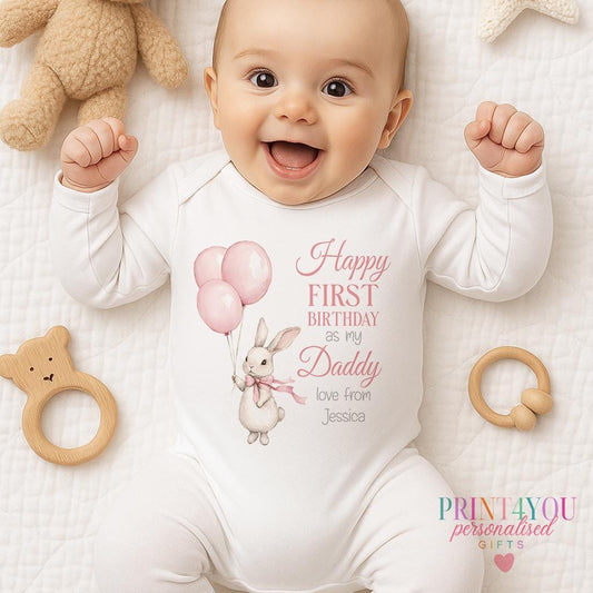 Personalised pink bunny 1st birthday bib, customised with a name and your choice of family relation - Mummy, Daddy, Nanny and more.