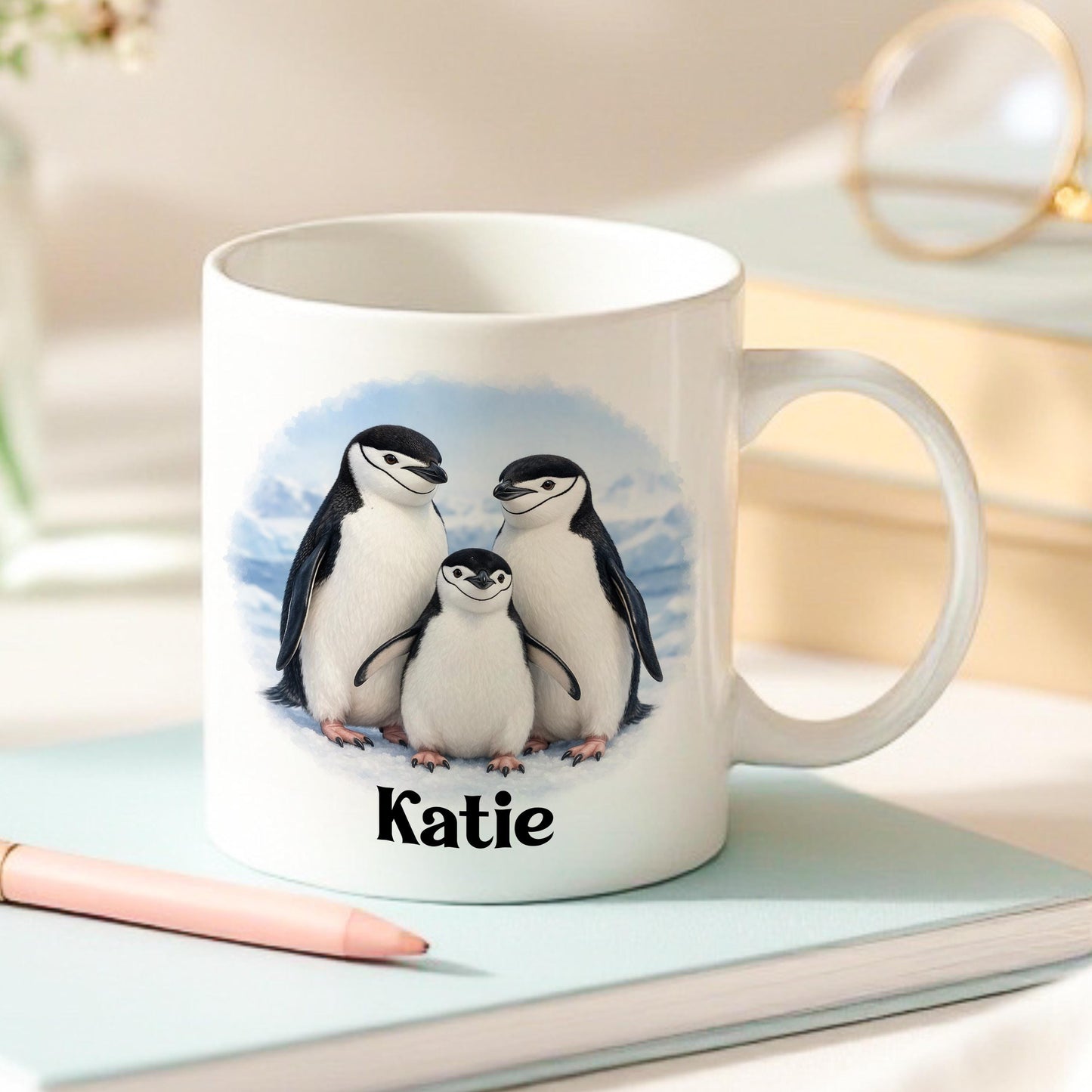 Ceramic mug printed with a cute penguin design for children