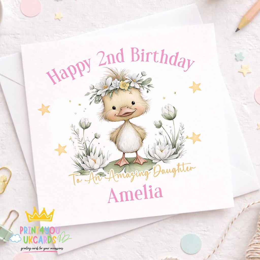 Square personalised 1st birthday card featuring a floral duckling design, personalised with the birthday girl's name.