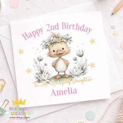 Square personalised 1st birthday card featuring a floral duckling design, personalised with the birthday girl's name.
