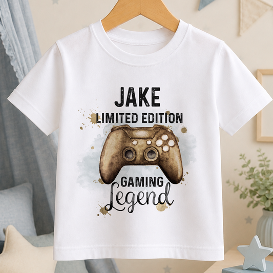A white t-shirt with a graphic design featuring a gaming controller and the text "JACKED LIMITED EDITION GAMING LEGEND".