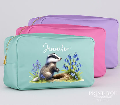 Personalised badger makeup bag shown in mint colourway