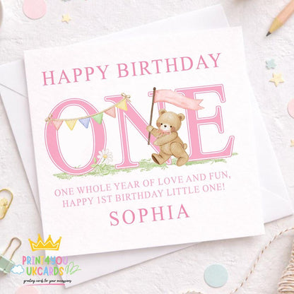 Second view of the pink teddy bear first birthday card showing the square card format