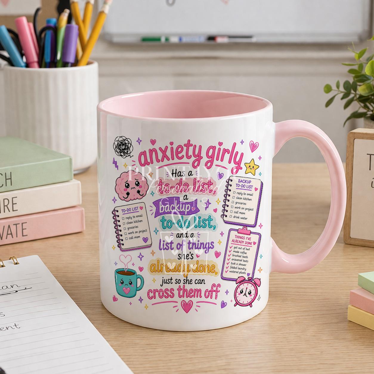Pink ceramic mug printed with a funny overthinker design, personalised with a name
