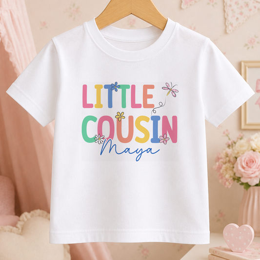 A white t-shirt with the text "LITTLE COUSIN Maya" printed on it, along with colorful flowers and butterflies.