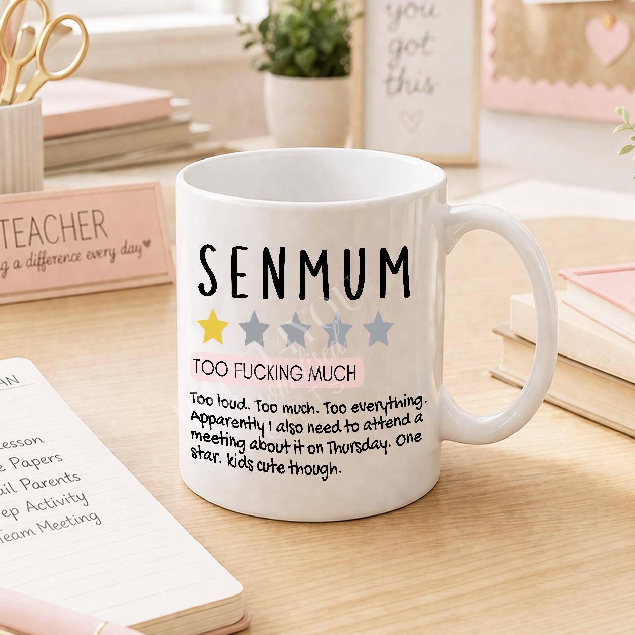 Close-up of the SEN parent design printed on the mug