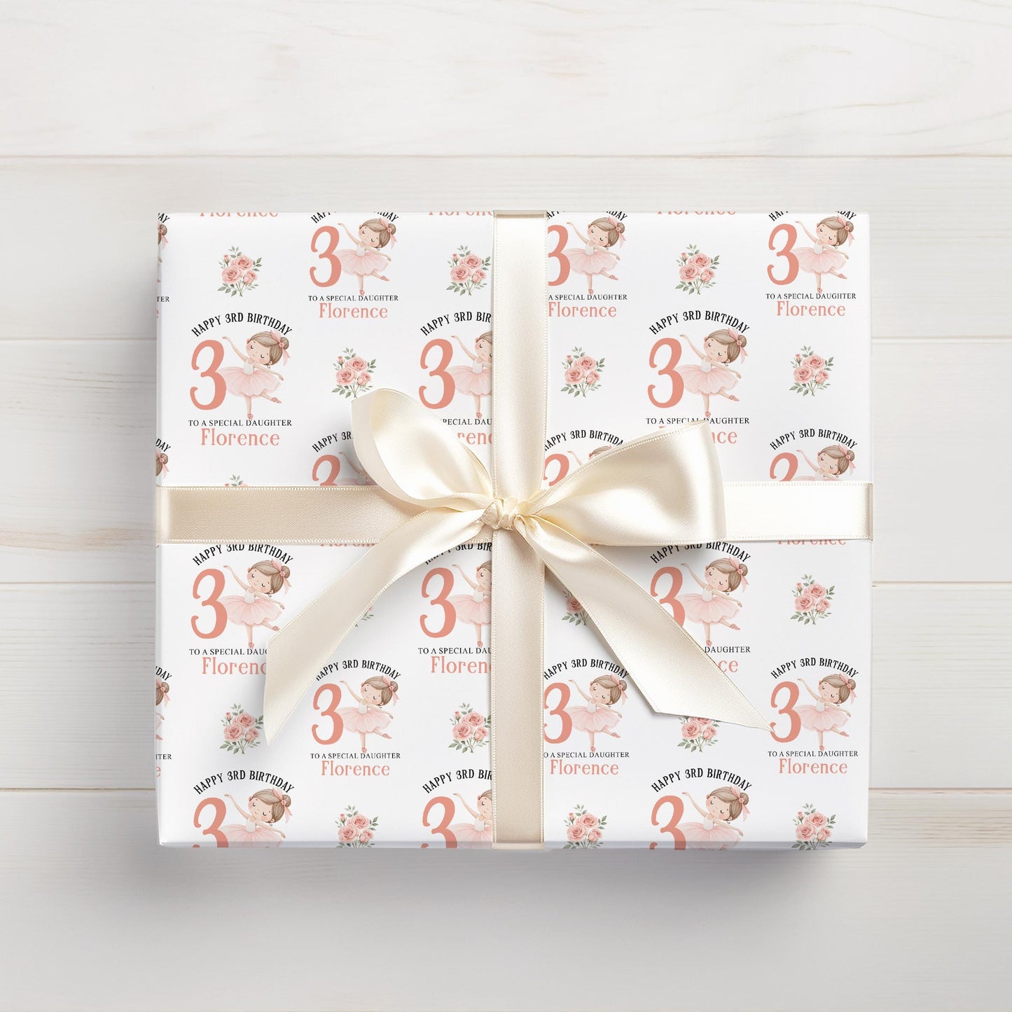 Roll of personalised ballerina wrapping paper packaged in a postal tube ready for delivery.
