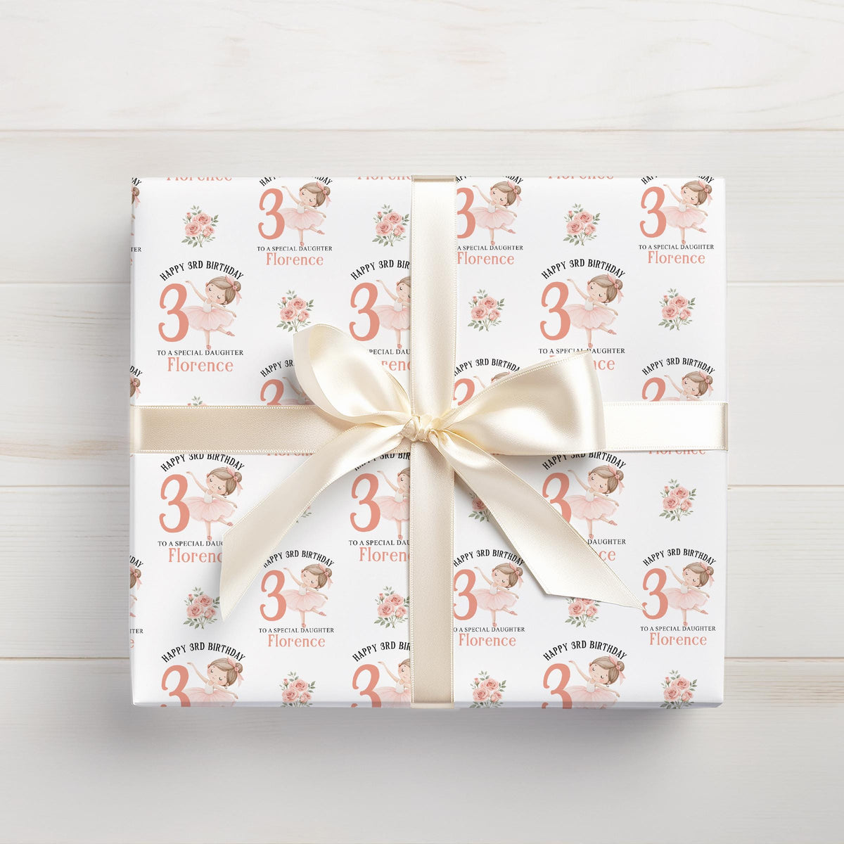 Roll of personalised ballerina wrapping paper packaged in a postal tube ready for delivery.