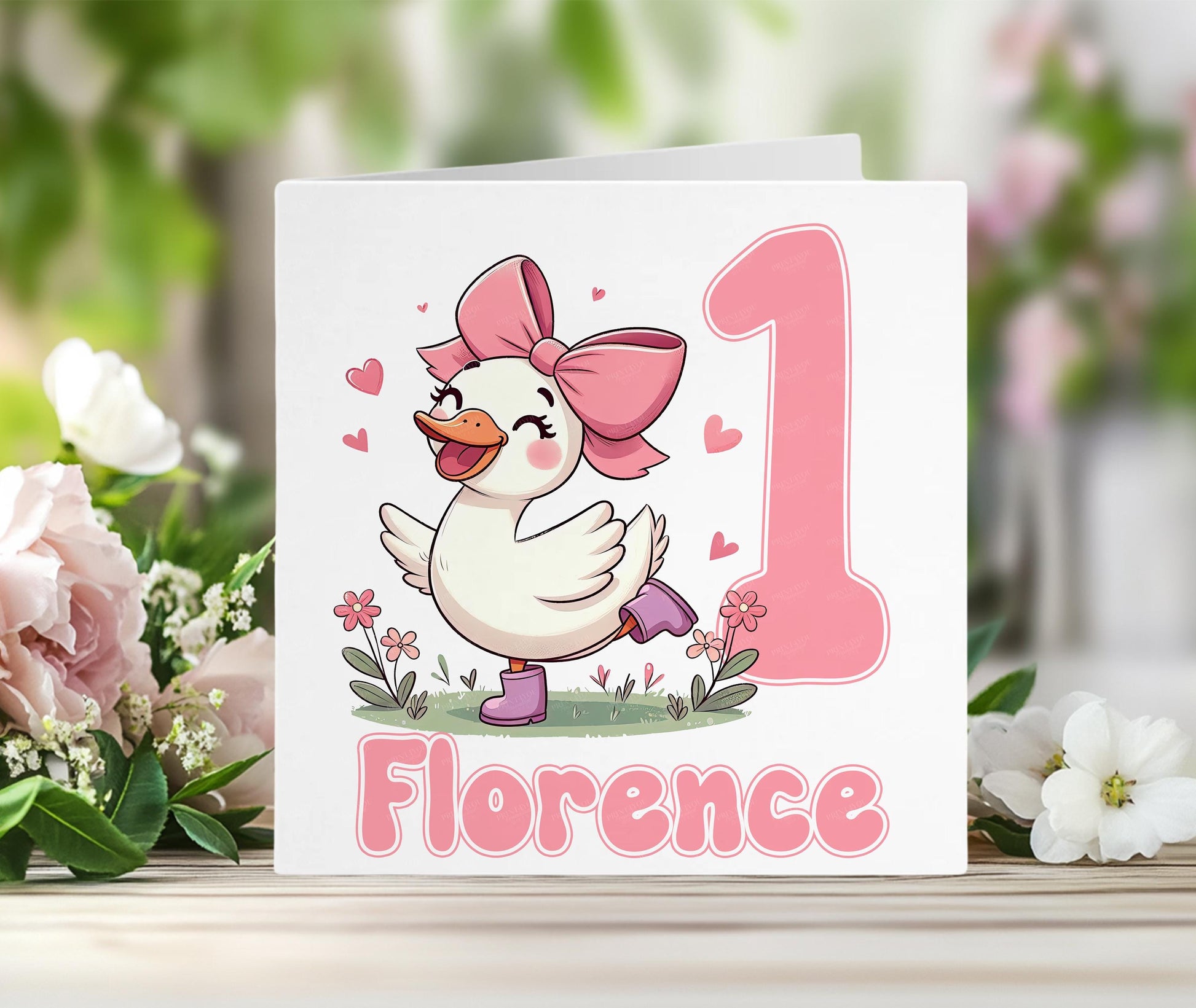 Personalised 1st birthday card for a baby girl with a pink duck wearing a bow and boots, and the child's custom name printed on the front