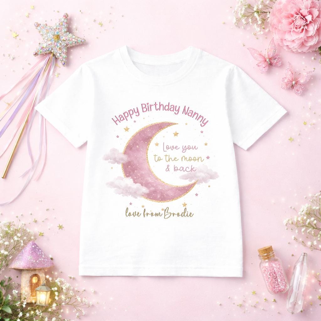 Child's white t-shirt printed with an I Love You to the Moon design and personalised name, laid flat