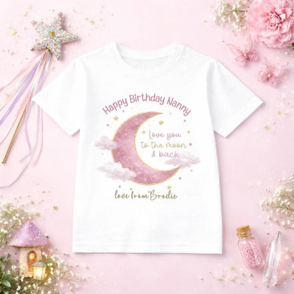 Child's white t-shirt printed with an I Love You to the Moon design and personalised name, laid flat