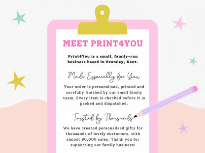 The image is a promotional poster for a small family-run business called Print4You, based in Bromley, Kent. The poster features a pink clipboard with text and a pencil, along with colorful stars in the background.