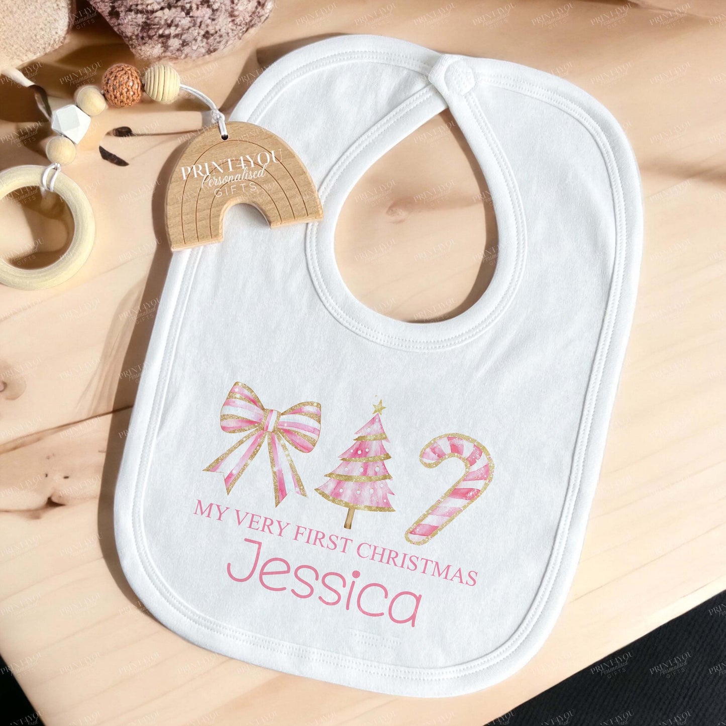 Personalised My First Christmas Baby Vest – Pink &amp; Gold Bow &amp; Candy Cane Design, Custom Name