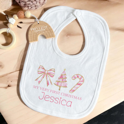 Personalised My First Christmas Baby Vest – Pink &amp; Gold Bow &amp; Candy Cane Design, Custom Name