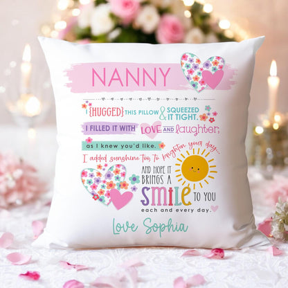 Personalised Nan cushion cover, 40x40cm, with hearts, flowers and custom poem