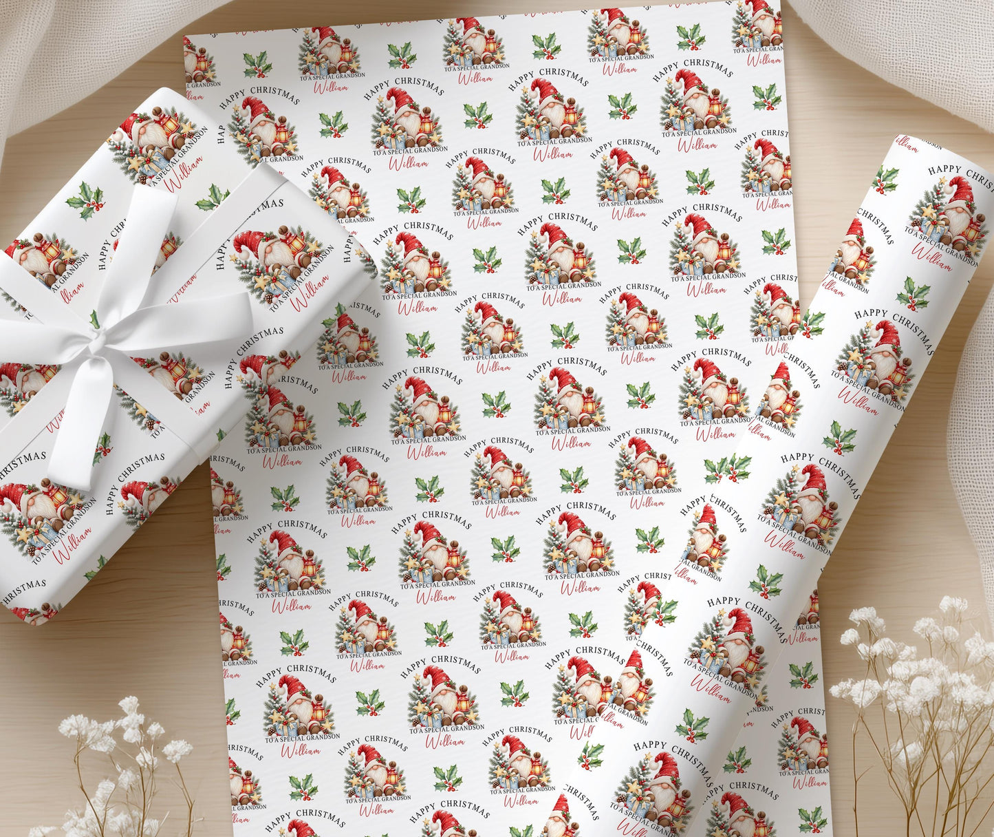 Gift wrapped in the personalised gnome Christmas wrapping paper