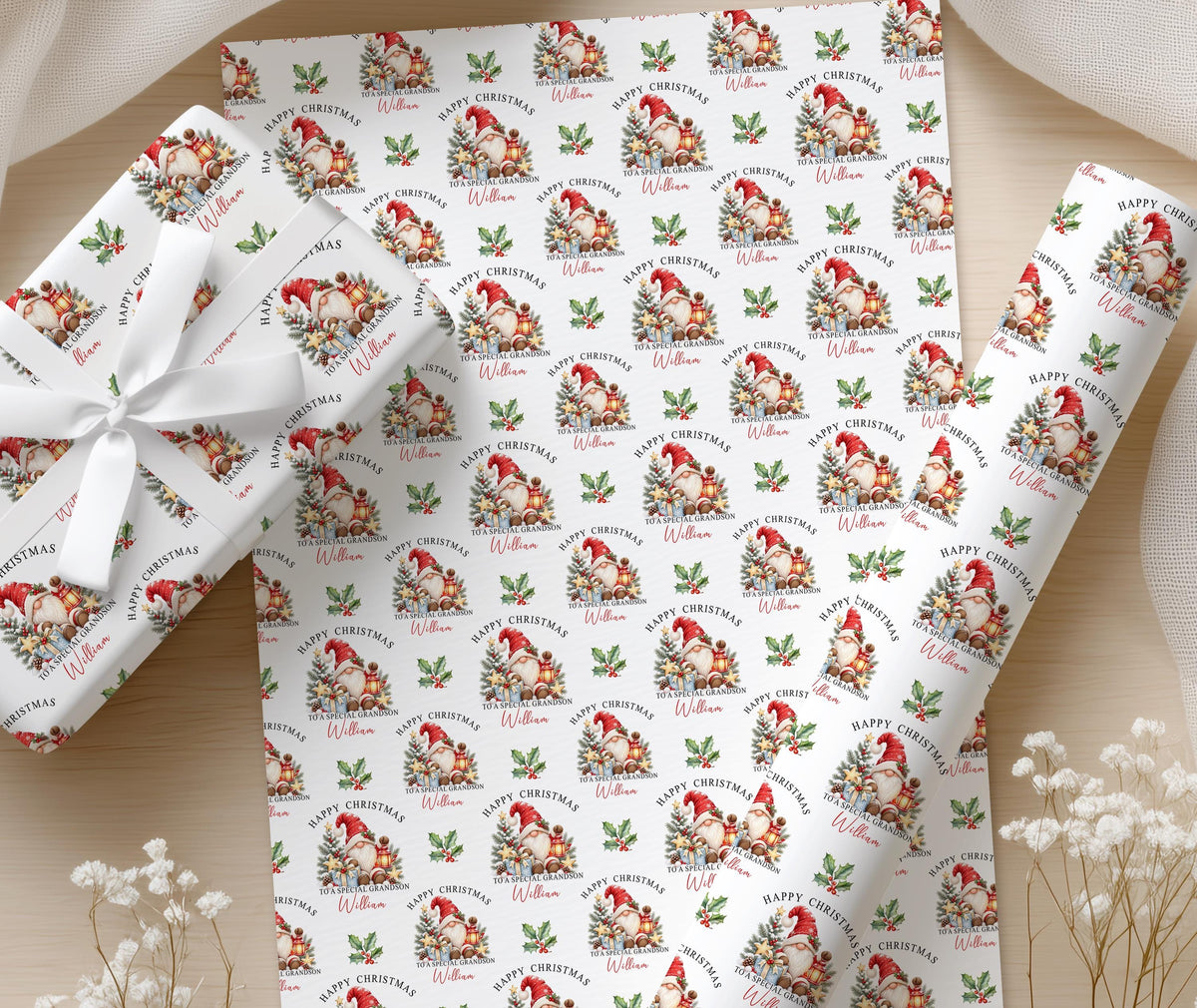 Gift wrapped in the personalised gnome Christmas wrapping paper