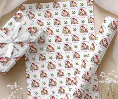 Gift wrapped in the personalised gnome Christmas wrapping paper