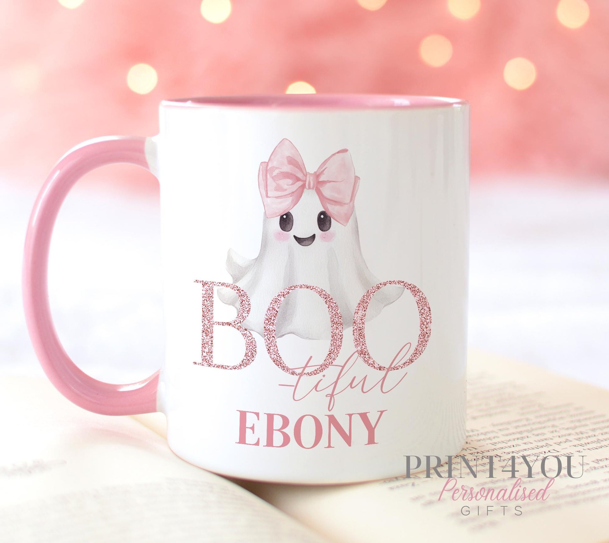 Personalised Halloween Mug – Cute Pink Ghost Cup for Girls – Custom Name & Smashproof Packaging