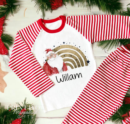 Personalised Red & White Striped Children's Christmas Pyjamas – Santa Rainbow - 1-2 years
