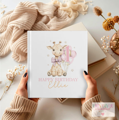 Personalised first birthday photo album with baby giraffe design for girls, 22x22cm PU cover, holds 76 photos