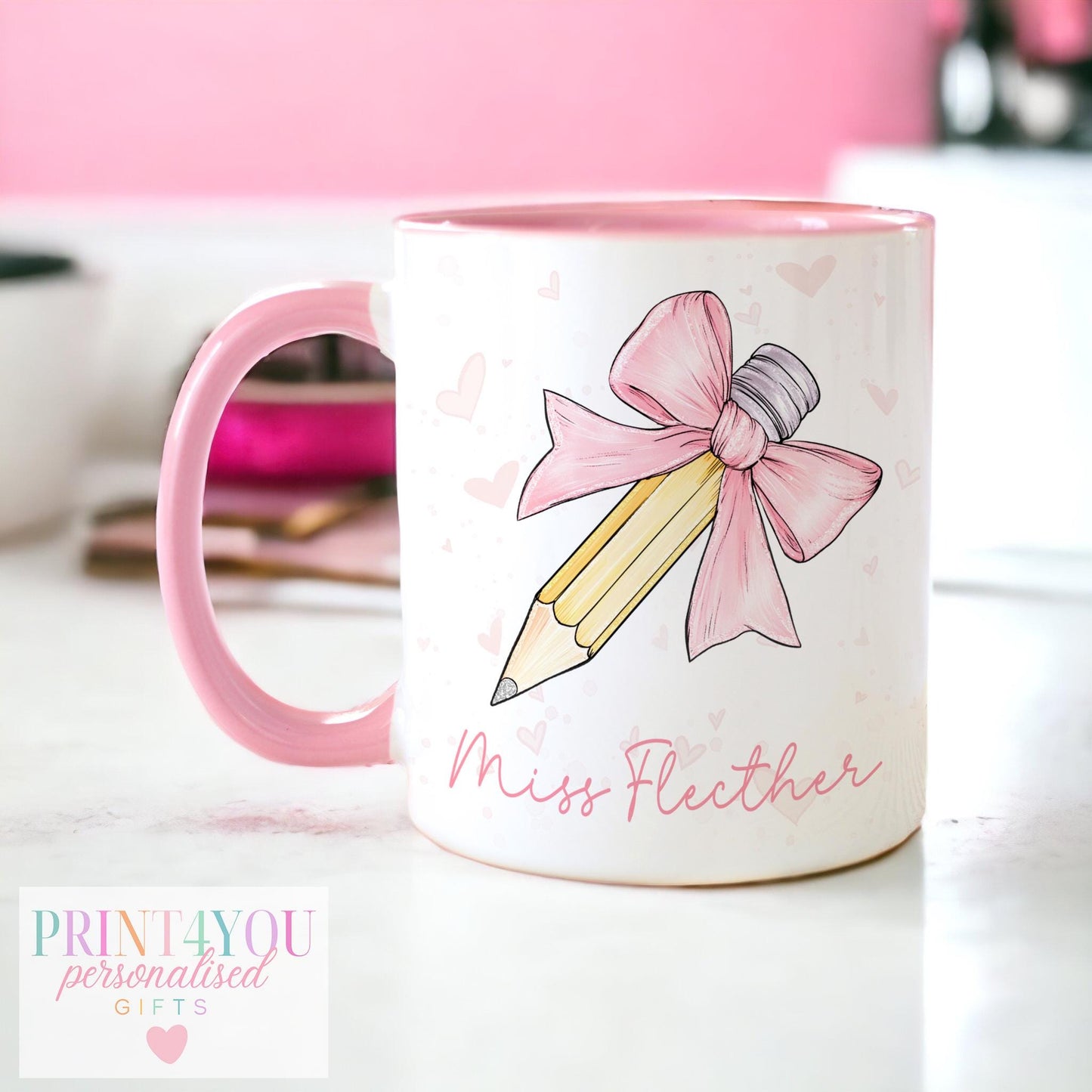 Personalised Teacher Mug – Custom Ceramic Mug – End of Term Gift, Pink or White Cup - Full white mug