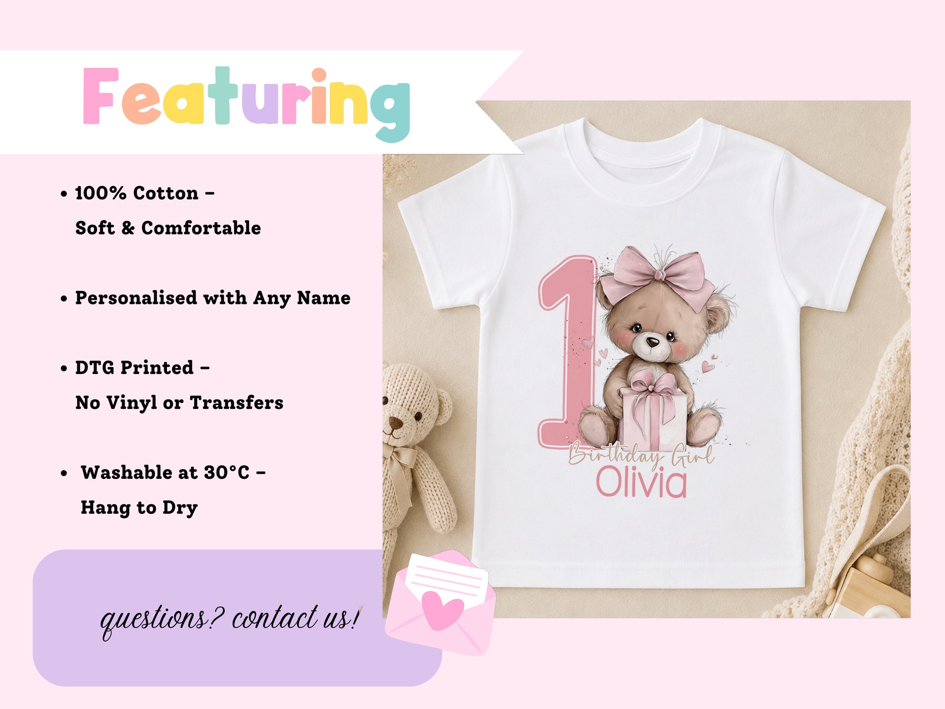 Personalised pink teddy bear t-shirt shown alongside a list of product features.