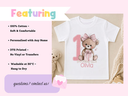 Personalised pink teddy bear t-shirt shown alongside a list of product features.