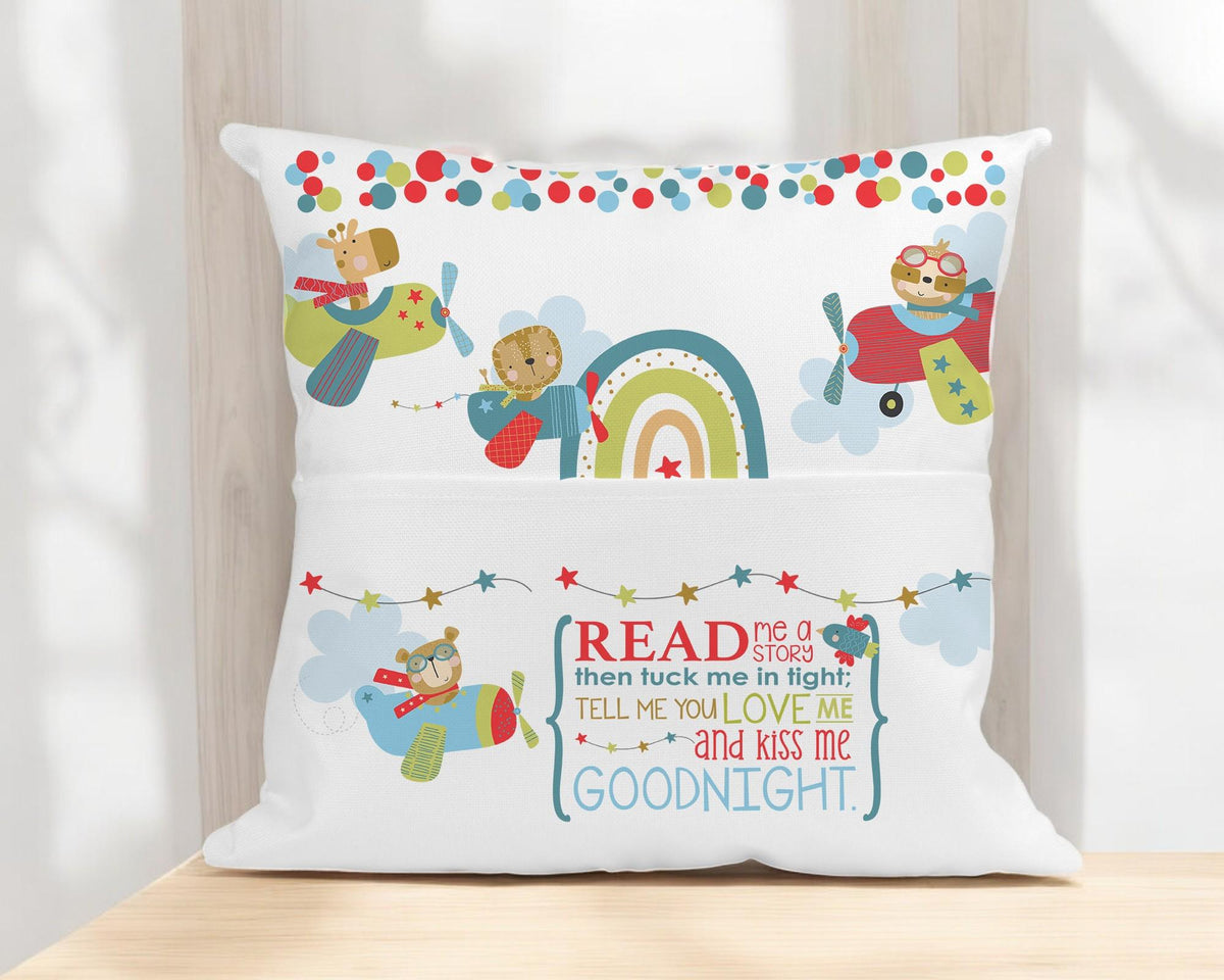 Personalised Book Cushion – Airplane Themed Kids Story Cushion With Custom Name - Cover and insert