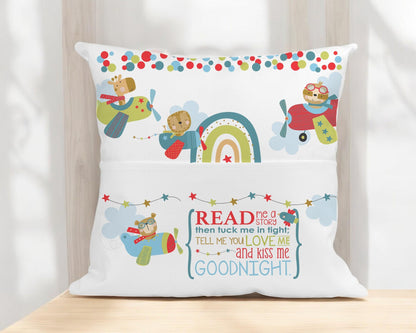Personalised Book Cushion – Airplane Themed Kids Story Cushion With Custom Name - Cover and insert