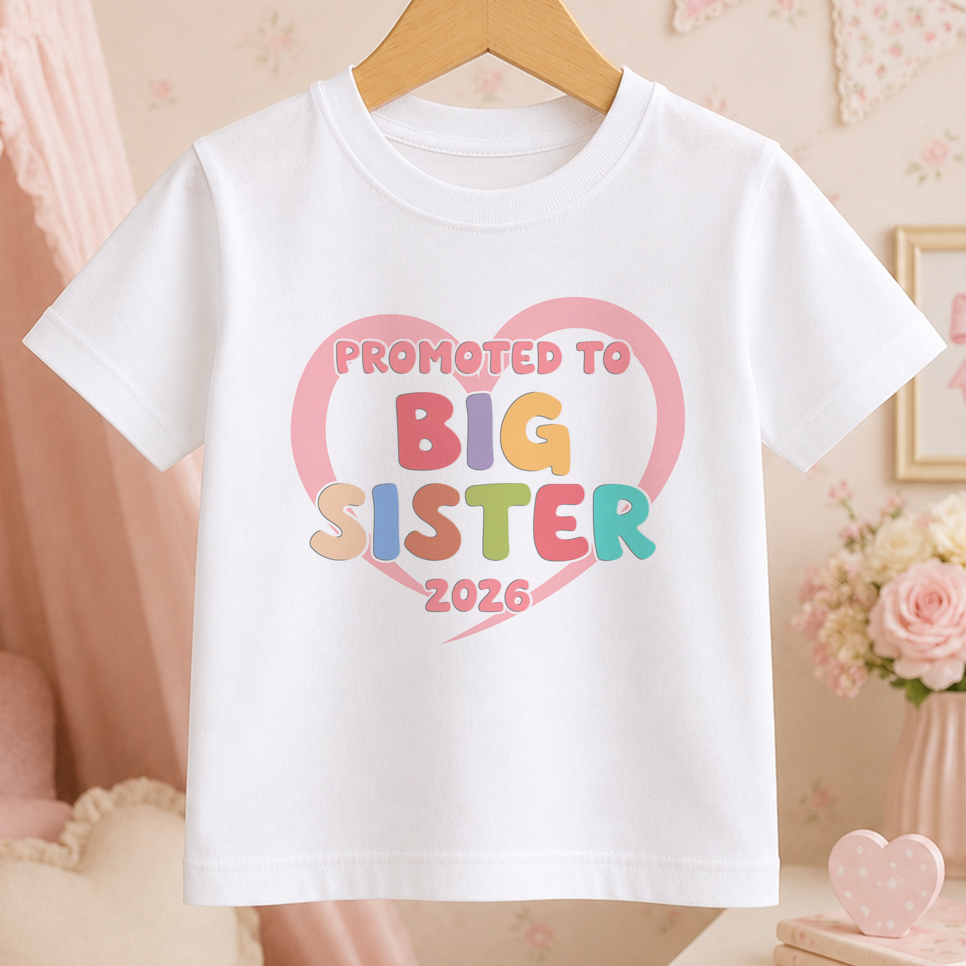 A white t-shirt with a heart-shaped graphic and text that says "Promoted to Big Sister 2026".