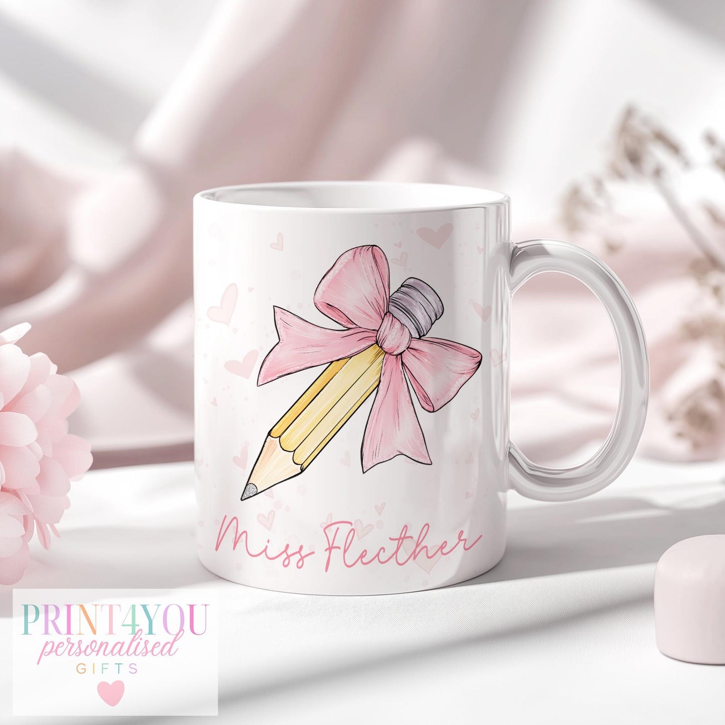 Personalised Teacher Mug – Custom Ceramic Mug – End of Term Gift, Pink or White Cup - Pink handle