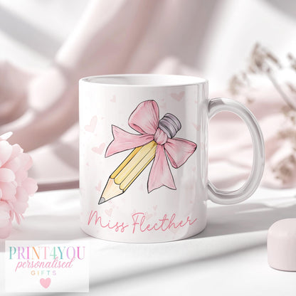 Personalised Teacher Mug – Custom Ceramic Mug – End of Term Gift, Pink or White Cup - Pink handle