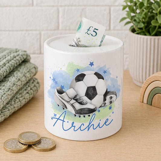 Ceramic money box printed with a personalised football boot design