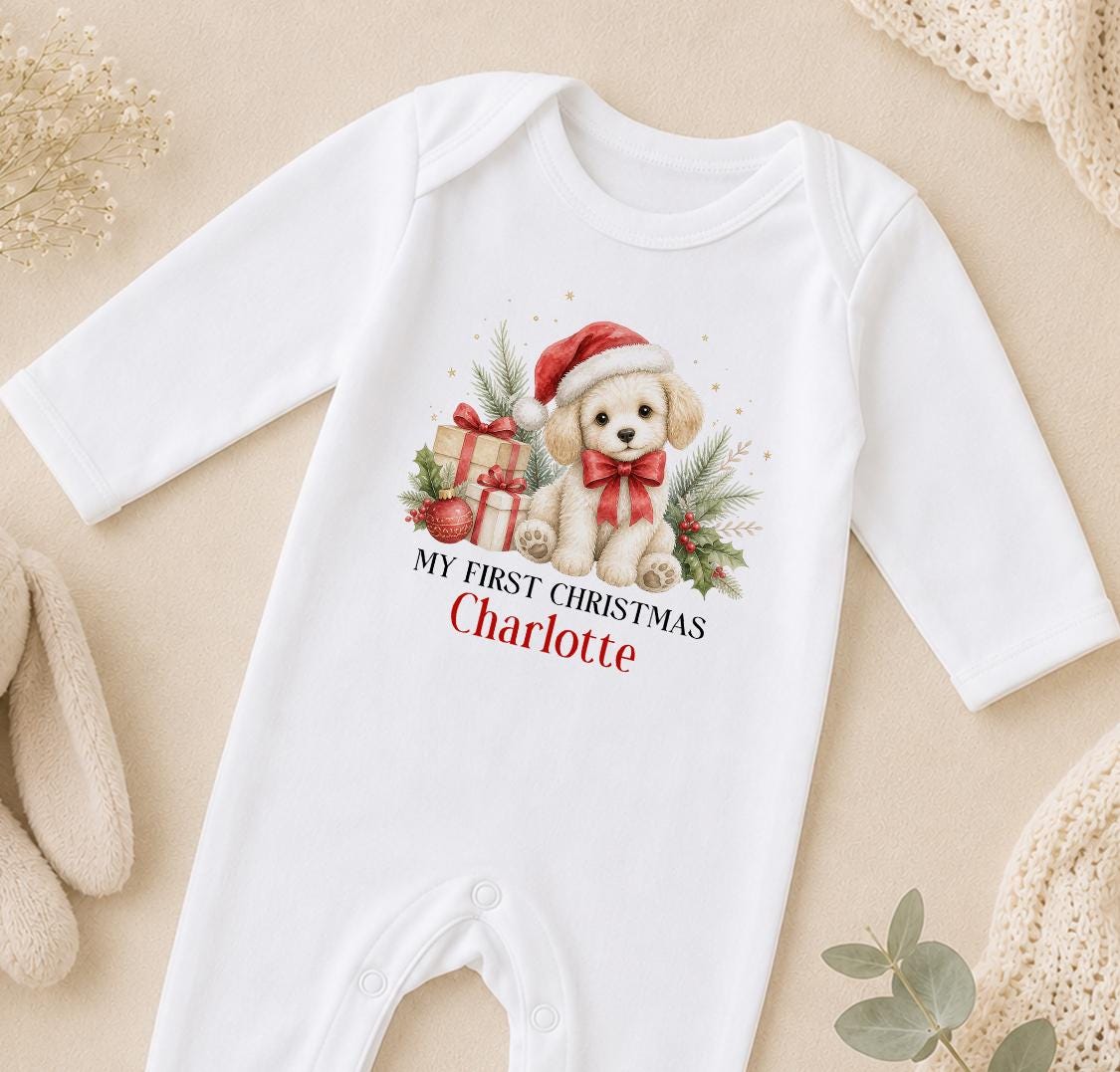 Personalised First Christmas Outfit, Puppy Dog Baby Vest Sleepsuit