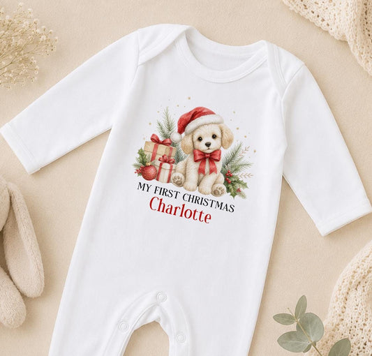 Personalised First Christmas Outfit, Puppy Dog Baby Vest Sleepsuit