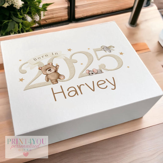 White personalised keepsake box with teddy bear and mouse design, Born in 2025