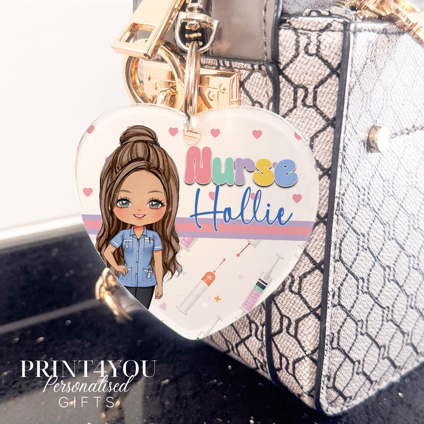 Personalised nurse and midwife bag charm with swivel clip, Nurse 4 character design