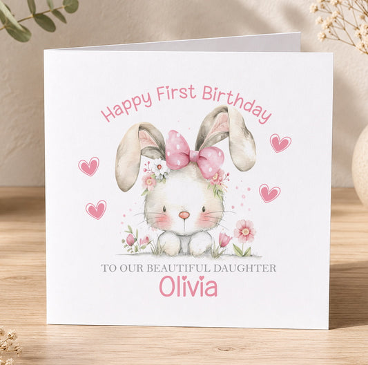Square 1st birthday card featuring a soft bunny illustration, personalised for a daughter's first birthday.