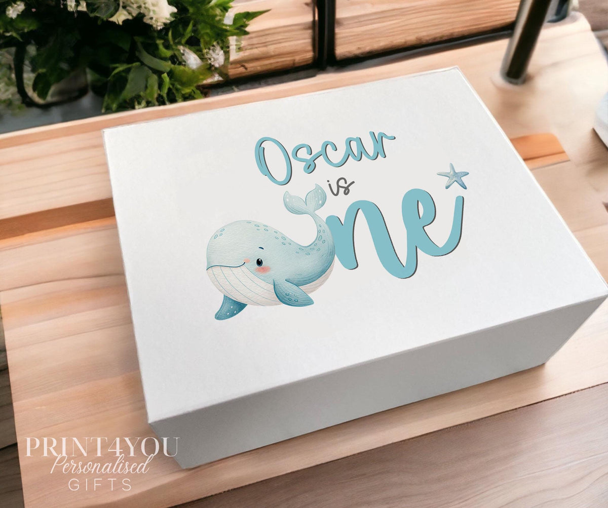 White magnetic keepsake box personalised with a whale under the sea design and child's name, medium size
