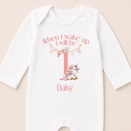 Pink unicorn personalised vest printed with 'When I Wake Up I Will Be One' and baby's name.